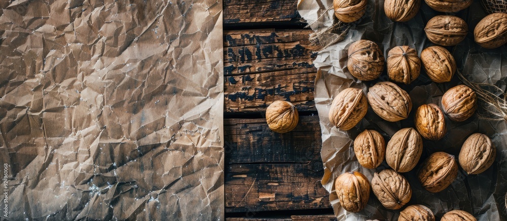 Aufkleber textured vintage paper background featuring freshly harvested walnuts. with copy space image. place 