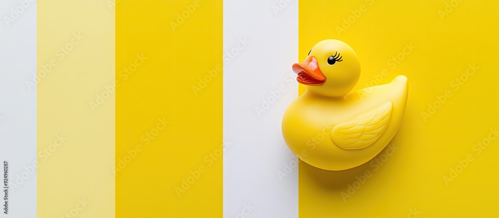 Poster Yellow rubber duck set against a white background Minimalist style with a white backdrop Top view Fashionable colorful image Flat lay Copy space Minimal creative idea