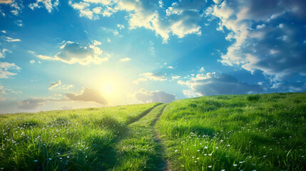 Field with green grass and blue sky, sunshine over the field