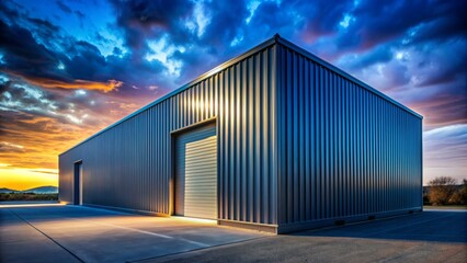 Fototapeta premium dramatic low-angle shot of a modern metal shed at dawn with bold shadows and vibrant blue tones and a hint of mystery