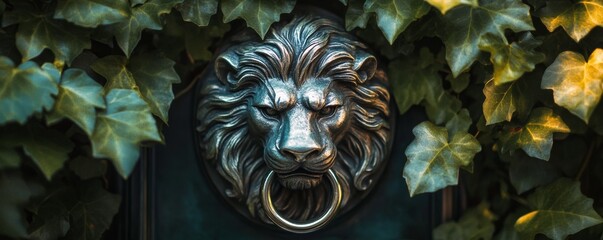 Silver lion head door knocker surrounded by ivy on green door