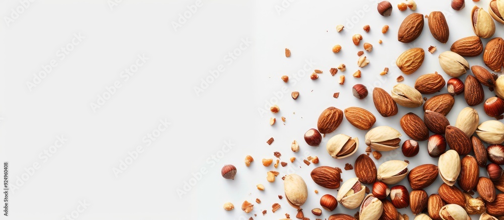 Poster mixed nuts on a white background top view copy space