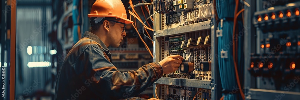 Poster a worker in an industrial environment repairs a circuit board, using tools and ensuring precise conn