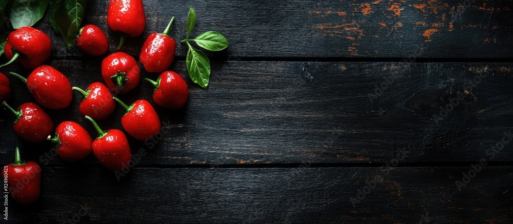 Poster Cherry peppers on a weathered black wooden table backdrop. with copy space image. Place for adding text or design