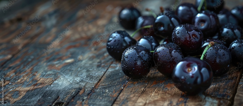 Fototapete Close up of fresh black cherries on a wooden surface. with copy space image. Place for adding text or design