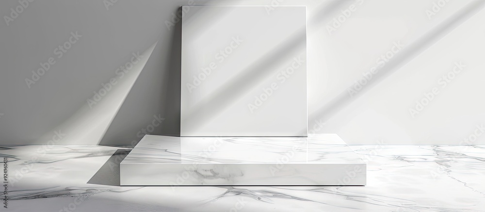 Poster White Marble product stand marbled floor background from a top view for showcasing your packaging or mockup design template. with copy space image. Place for adding text or design