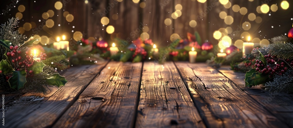 Poster Christmas Decor on Wooden Surface. with copy space image. Place for adding text or design