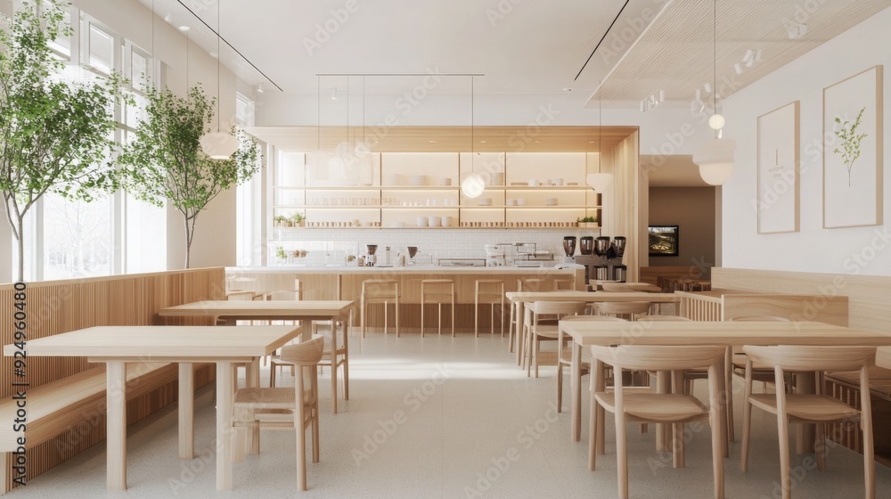 Poster a spacious cafe features light wood furniture and natural light filtering through large windows, cre