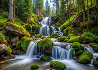 Obraz premium Serene small waterfall cascades down moss-covered rocks in the lush forest of the Rocky Mountains in Colorado, surrounded by vibrant greenery and misty atmosphere.