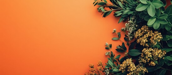 Orange paper backdrop featuring a flower arrangement in the bottom right corner accompanied by green aromatic herb leaves and a small flower Copy space available above serving as decorative wallpaper