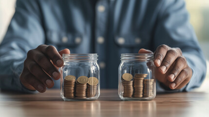 adult man seated at a table, looking at two glass jars filled with coins, including golden pennies, highlighting his approach to managing funds and savings within a low budget cont
