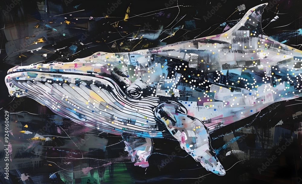 Poster mesmerizing minimal whale silhouette animation with glowing lights in dark background