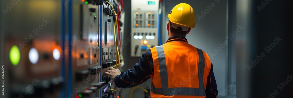 Poster an operator in a hard hat and safety vest adjusts settings on an industrial control panel, ensuring 