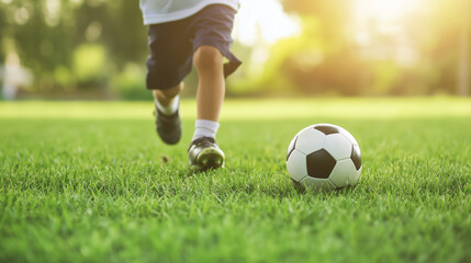 Obraz premium young boy chasing a soccer ball on a vibrant green field, with his small legs in motion, highlighting the excitement of children’s sports and outdoor recreation, photo