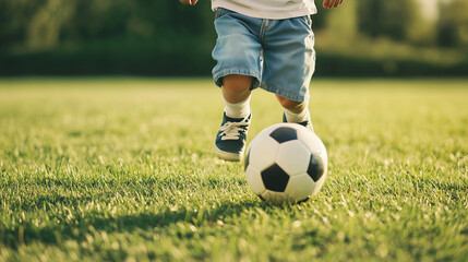 Obraz premium young boy chasing a soccer ball on a vibrant green field, with his small legs in motion, highlighting the excitement of children’s sports and outdoor recreation, photo