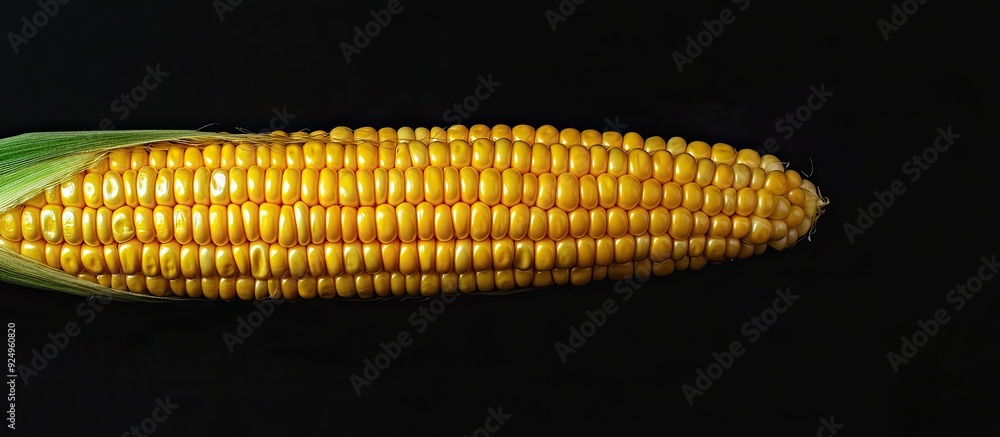 Poster isolated single corn cob on a black background. with copy space image. place for adding text or desi