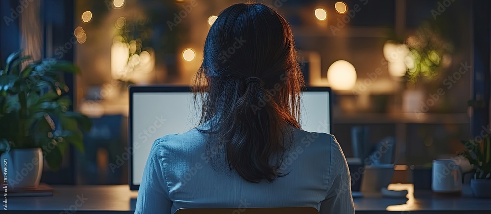 Poster Close up rear view of a businesswoman in the office typing while looking at the screen An office worker using a laptop. with copy space image. Place for adding text or design