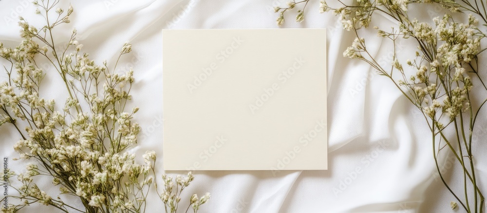 Aufkleber blank greeting card invitation and envelope mockup minimal floral border created from dried flowers 