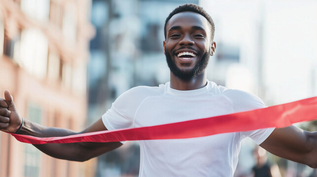 joyful male runner crossing the finish line, arms outstretched as he breaks the red ribbon, smiling broadly in celebration of his marathon victory, embodying the spirit of enduranc