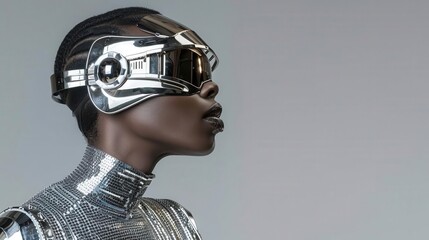 Oldschool fashion in metallic fabrics and scifi accessories, side view, illustrating the fusion of past and future, digital tone, Complementary Color Scheme