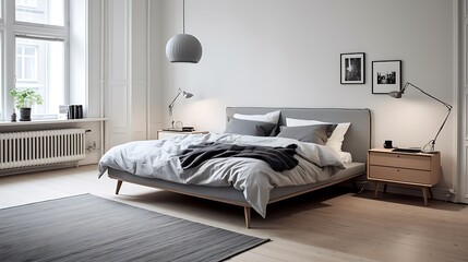 Scandinavian design bedroom featuring a sleek gray bed frame on white flooring