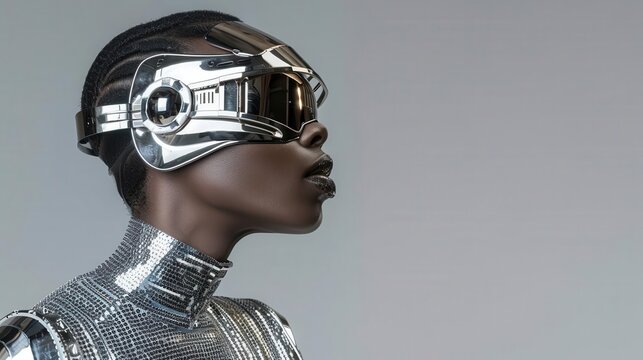Oldschool fashion in metallic fabrics and scifi accessories, side view, illustrating the fusion of past and future, digital tone, Complementary Color Scheme