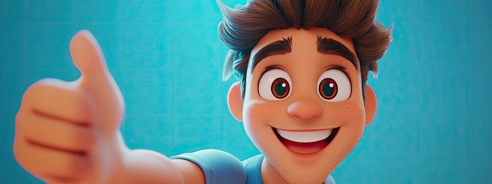 3D Cartoon of a young handsome guy taking a selfie with a cute subtle smile perfect skin and hairstyle with a happy joyful expression showing a YES sign