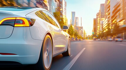 A sleek electric car driving through a vibrant city at sunset, showcasing modern urban life and eco-friendly transportation.