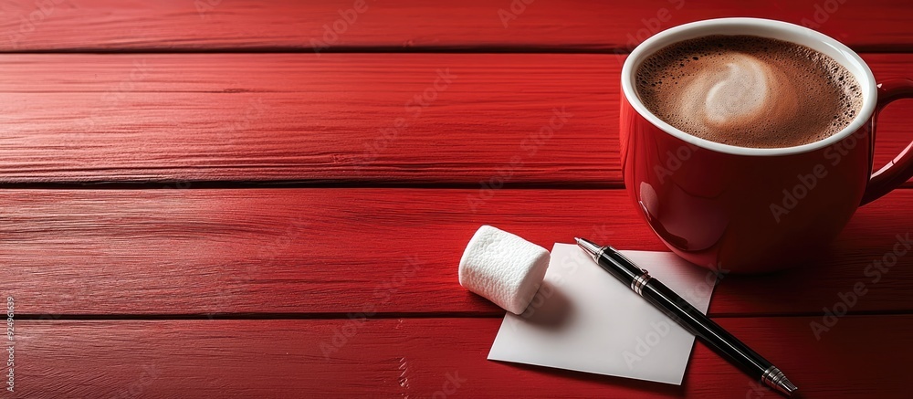 Aufkleber Cup of coffee with a marshmallow and a note with a pen on a red wooden surface. with copy space image. Place for adding text or design