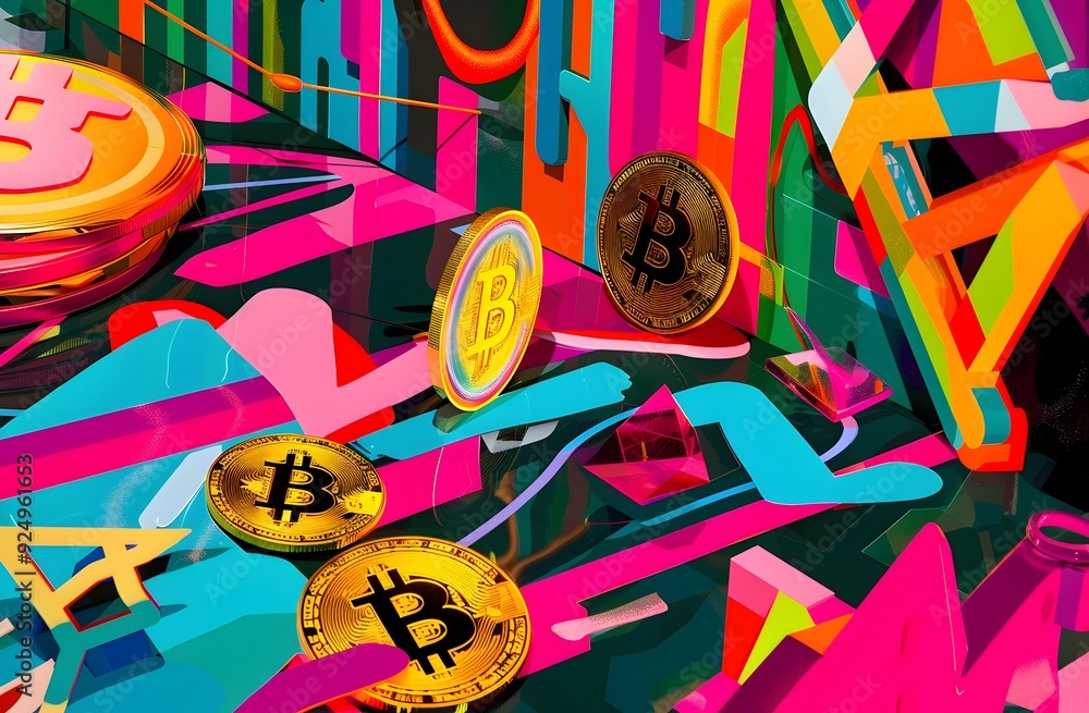 Poster holographic representation of bitcoin and ethereum modifications on market charts