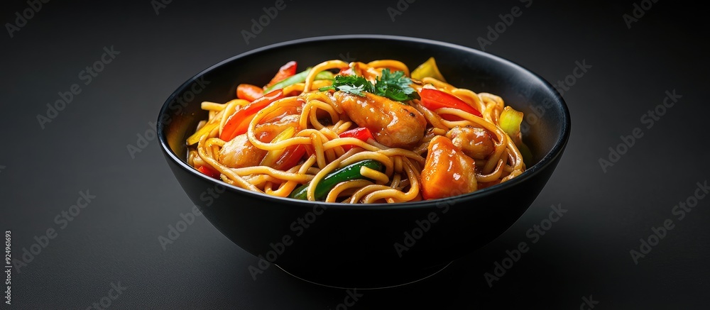 Poster chicken schezwan noodles also known as hakka or chow mein are presented in a black bowl against a da