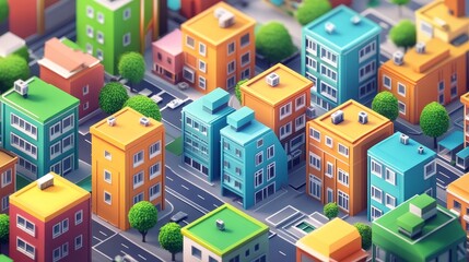 Naklejka premium Colorful Low Poly Cityscape with Trees and Streets - A vibrant cityscape with low poly buildings, green trees, and a winding street. This image symbolizes urban development, community, and the beauty