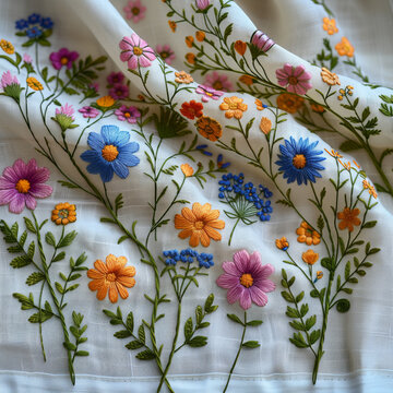 Ukrainian traditional embroidery with summer flowers, botanical flowers,Rushnik with blue and yellow flowers