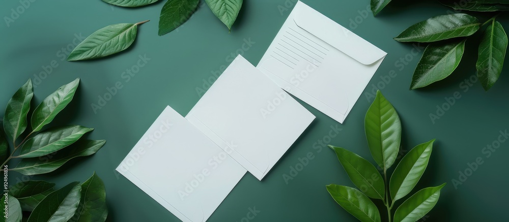 Aufkleber invitation layout featuring leaves blank greeting cards an envelope and a blank sheet of paper set a