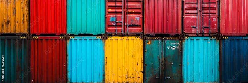 Poster colorful shipping containers at a port - a row of colorful shipping containers stacked on top of eac