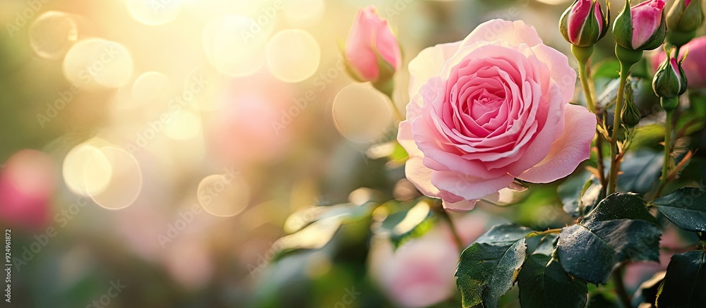 Poster pink rose flower rosa chinensis in the garden. with copy space image. place for adding text or desig