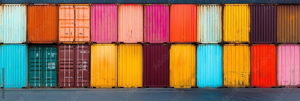 Poster colorful shipping containers lined up in a row - a row of colorful shipping containers in a warehous