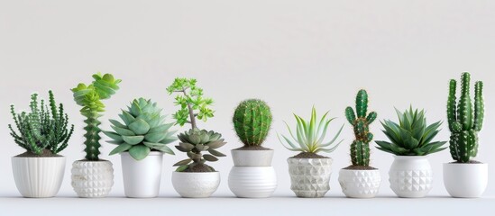 A collection of potted cactus and succulents on a white table. with copy space image. Place for adding text or design