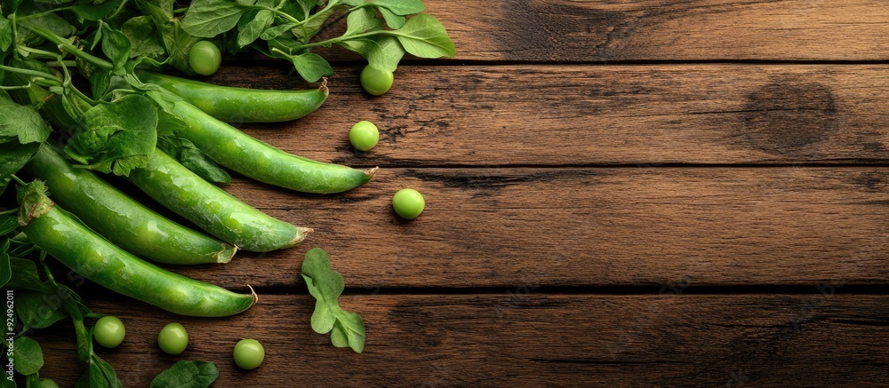 Aufkleber Freshly peeled green peas on a brown wooden table with copy space Fresh green pea pods arranged in a horizontal composition isolated on an old rustic wooden surface with a soft focus