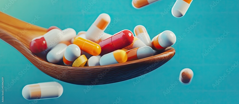 Poster variety of pharmaceutical pills tablets and capsules on a wooden spoon with a blue backdrop. with co