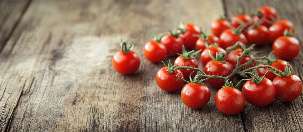 Leinwandbilder fresh ripe mini organic tomatoes on a weathered wooden surface. with copy space image. place for add