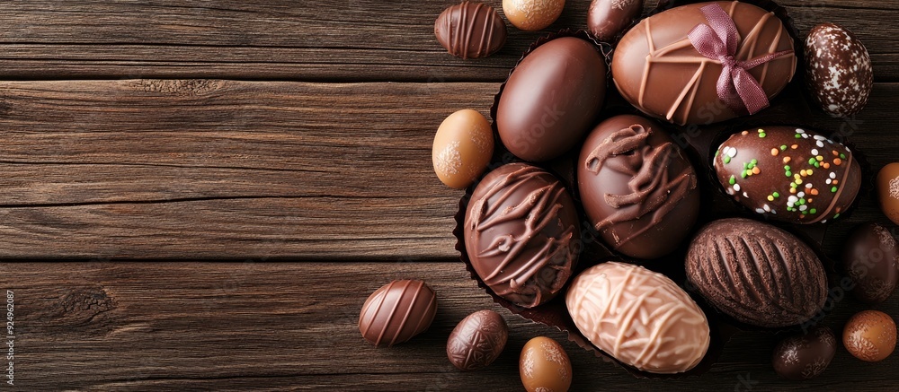 Aufkleber chocolate easter eggs and treats on a wooden background. with copy space image. place for adding tex