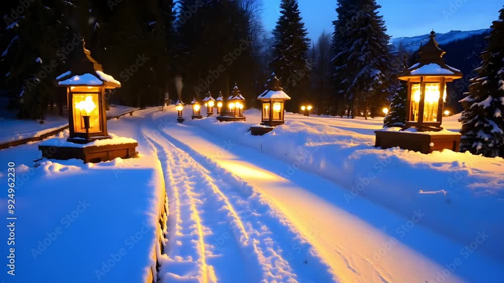Poster a tranquil winter pathway illuminated by glowing lanterns casts soft shadows on the pristine snow, c