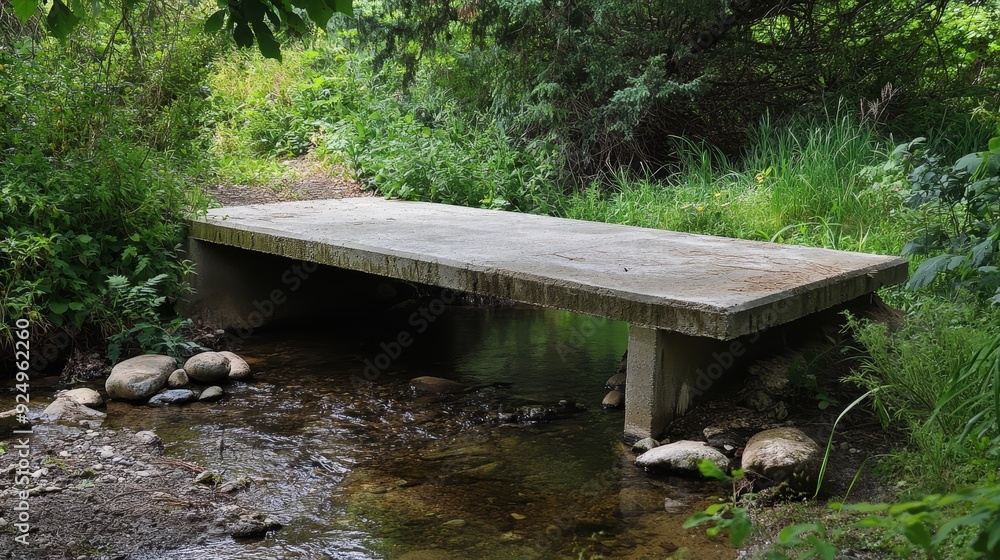 Poster concrete bridge over small stream in lush forest - a simple concrete bridge spans a small stream, su
