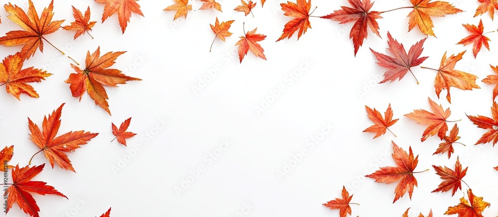 Fototapete Maple leaves on a white background maple backdrop Collection of maple leaves. with copy space image. Place for adding text or design