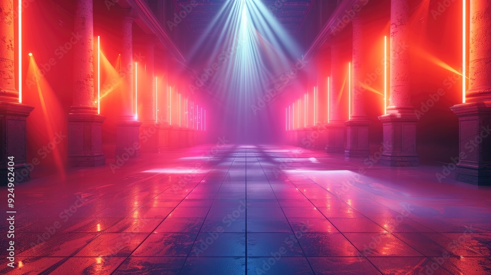Poster A dynamic light scene with beams and colors moving to a strong rhythm. Generative AI.
