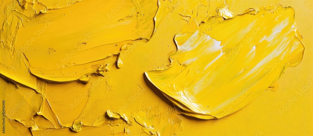 Aufkleber Two vivid yellow oil paints are applied to the canvas using a palette knife Close up of an abstract artwork Modern Art. with copy space image. Place for adding text or design