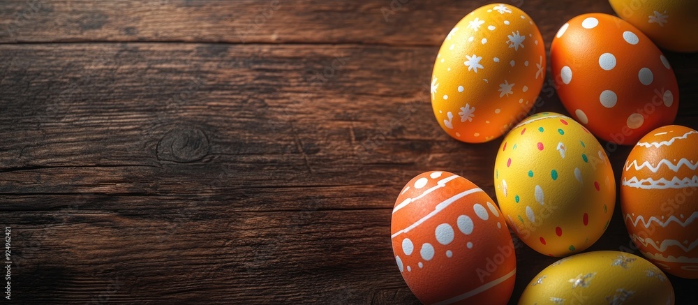 Poster Easter eggs on a wooden surface. with copy space image. Place for adding text or design