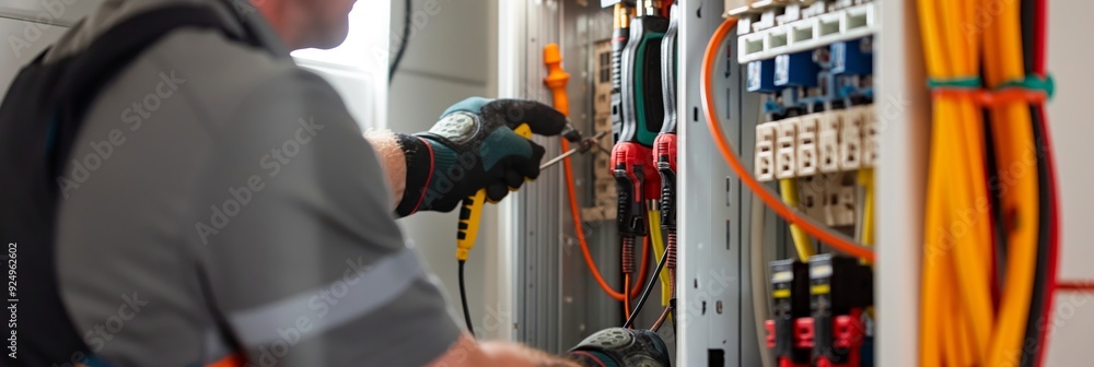 Poster a professional eagerly works on an electrical system with various tools, showing high skill level an