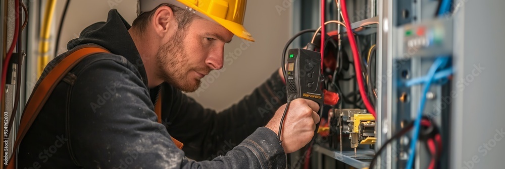 Poster an electrical expert uses a digital tester to check the connections in a control box, ensuring every